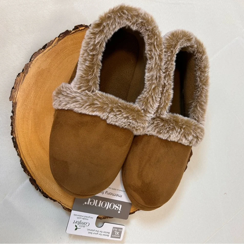 Isotoner Women's Signature Memory Foam Slippers Brown with faux fur Size 9.5/10 - Picture 2 of 8